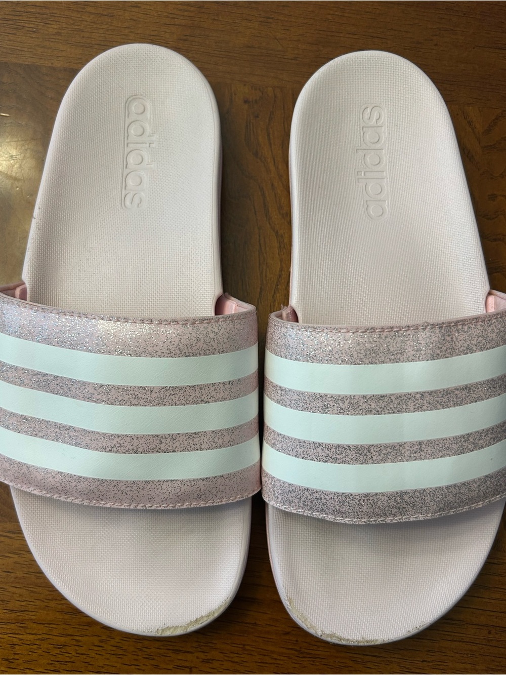 Girls adidas Pink Glitter Slide Sandals with White Stripes